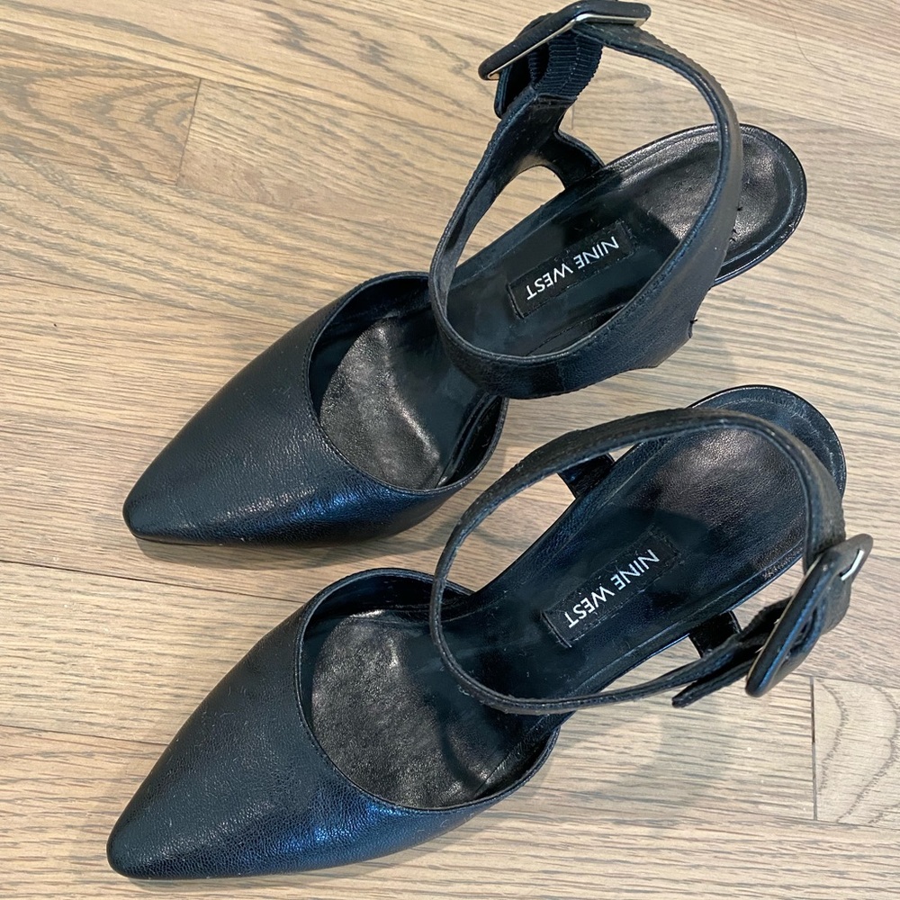 Black leather Nine West strap heel